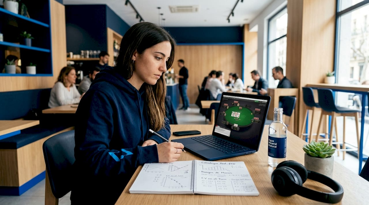 Mujer analizando su próxima jugada durante un torneo de póker online