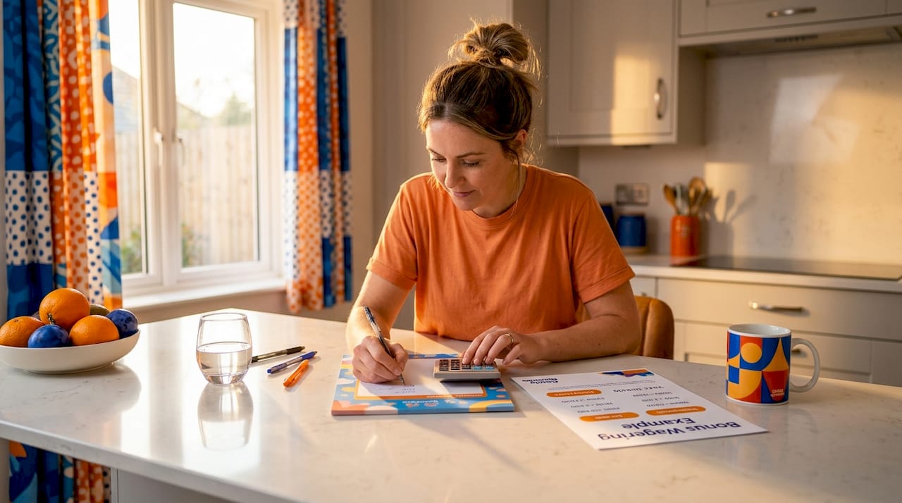 Woman calculating casino bonus wagering steps