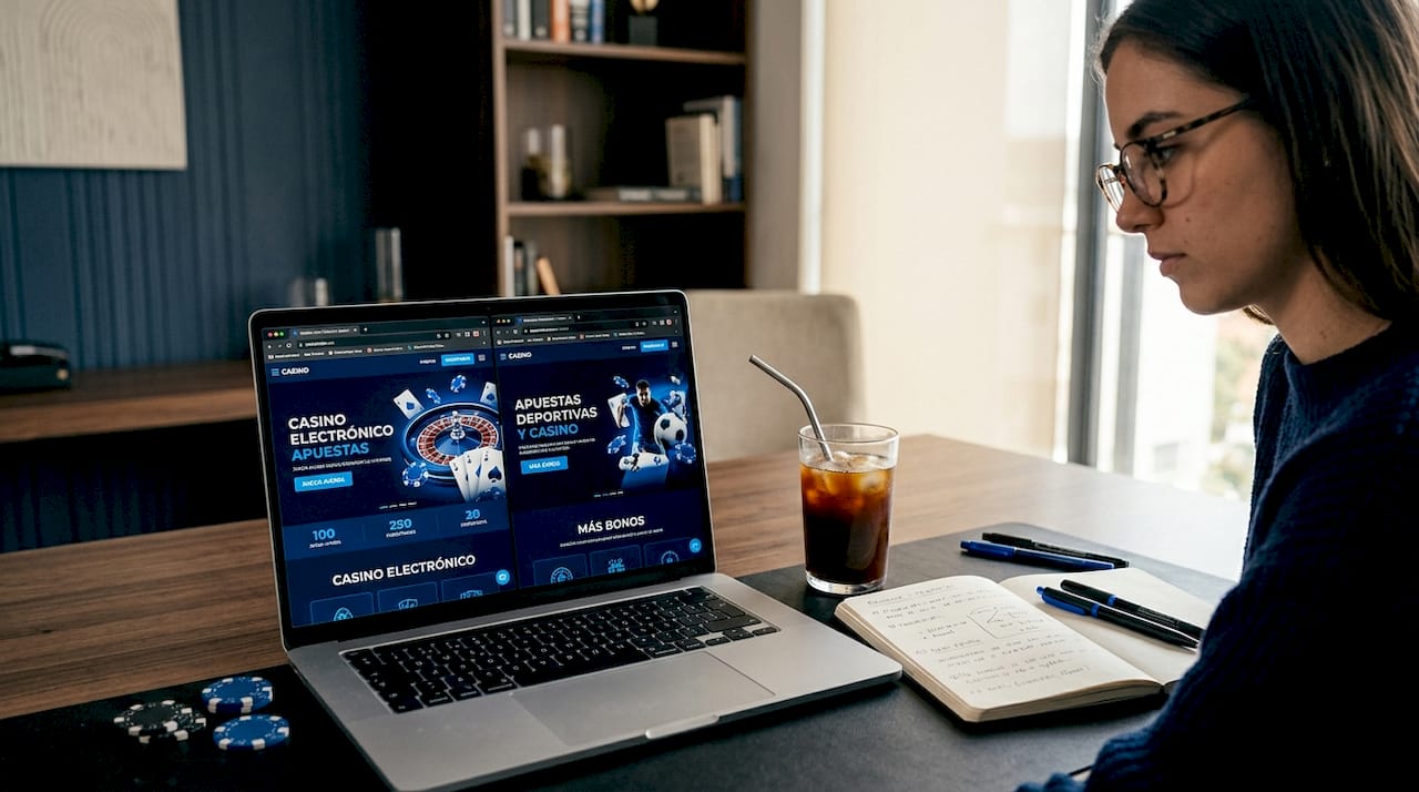 Una persona revisando y comparando diferentes casinos online desde la comodidad de su hogar, usando su portátil.
