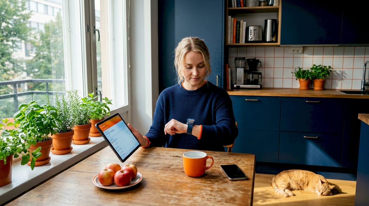 Nainen hoitaa verkkopankkiasioitaan kotona turvallisesti.