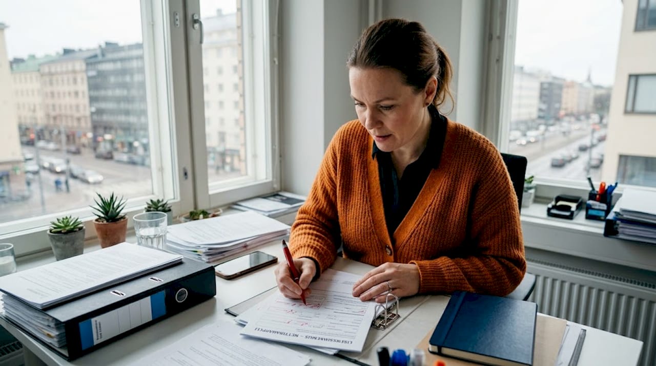 Vastuullisuusasiantuntija tarkistaa lupadokumentteja varmistaakseen, että kaikki vaatimukset täyttyvät.
