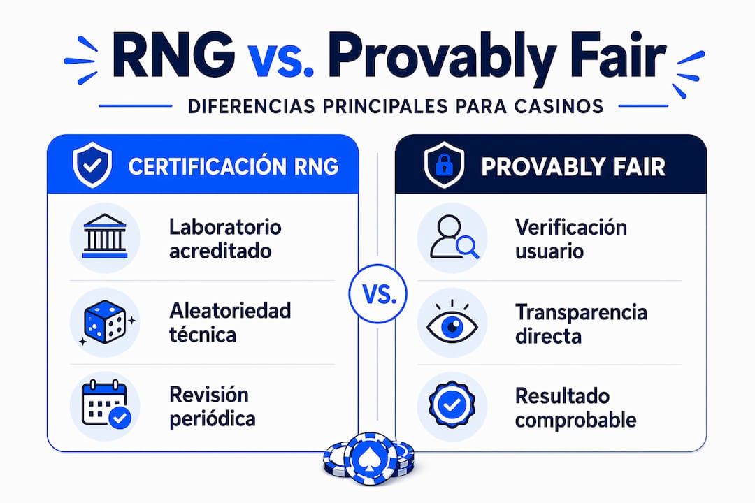 Comparativa visual: certificación RNG frente a sistemas 'provably fair'