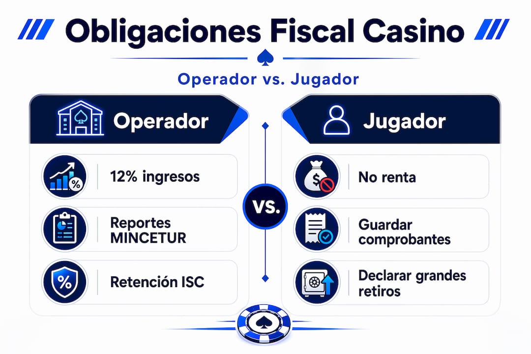 Infografía que muestra las diferencias en las obligaciones fiscales de operadores y jugadores