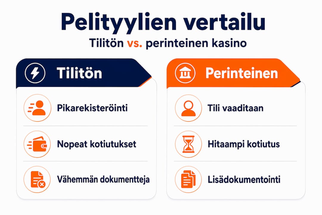 Havainnollistava kuva, jossa vertaillaan tilittömiä kasinoita ja perinteisiä nettikasinoita