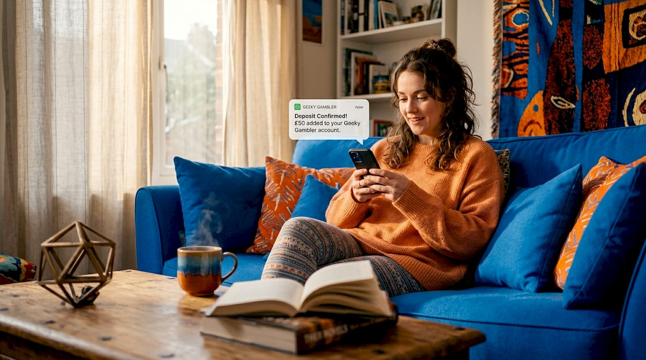 Woman reads deposit notification on smartphone