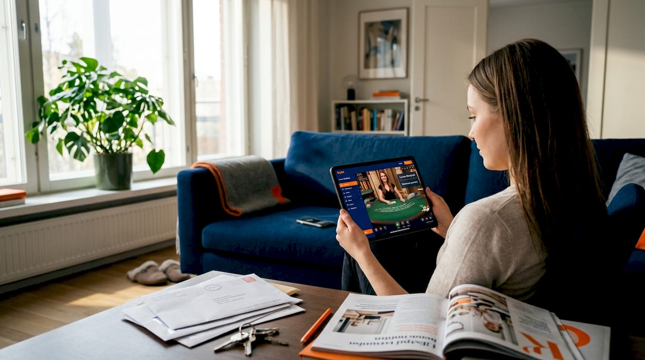 Nainen seuraa livekasinopeliä tabletillaan.