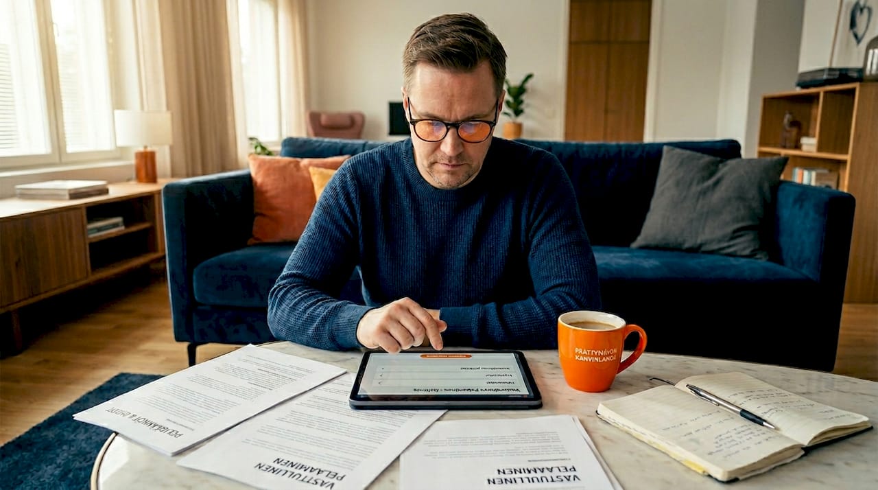 Mies tutustuu vastuullisen pelaamisen työkaluihin keittiön pöydän ääressä.