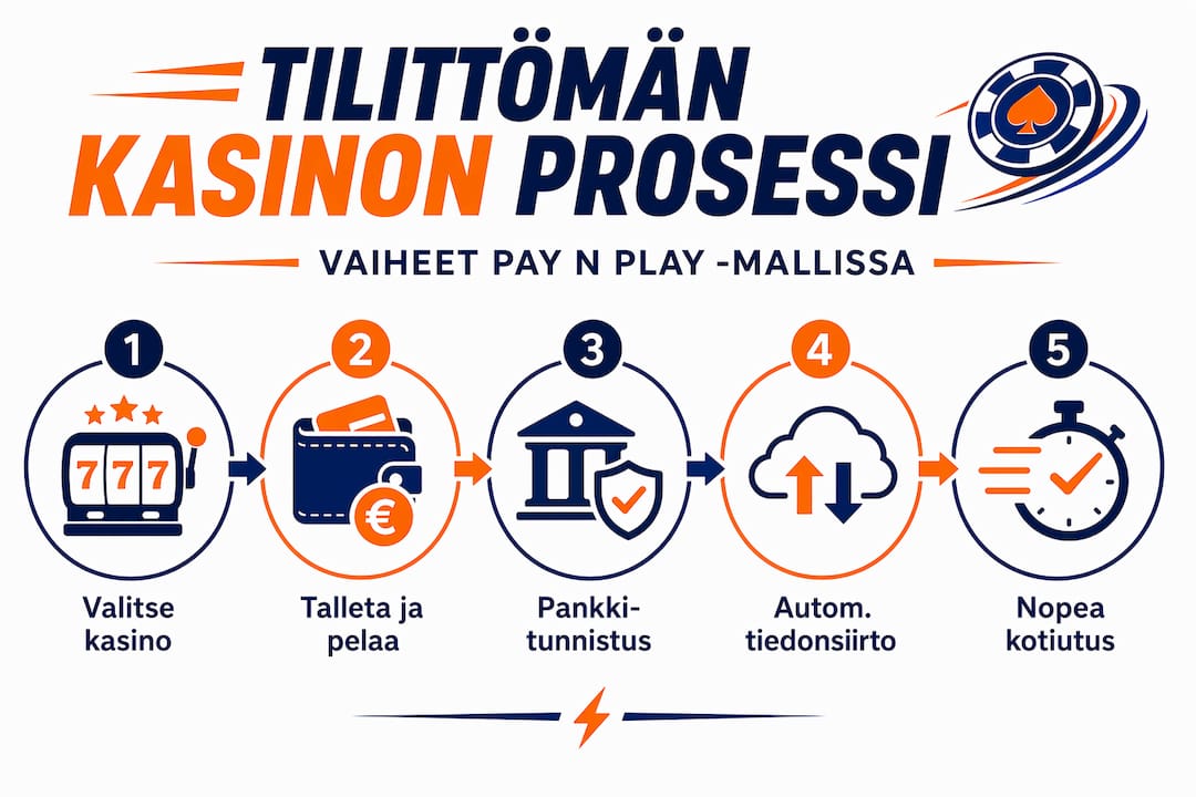 Infograafi, joka havainnollistaa pay n play -kasinon toimintaperiaatteen vaihe vaiheelta.