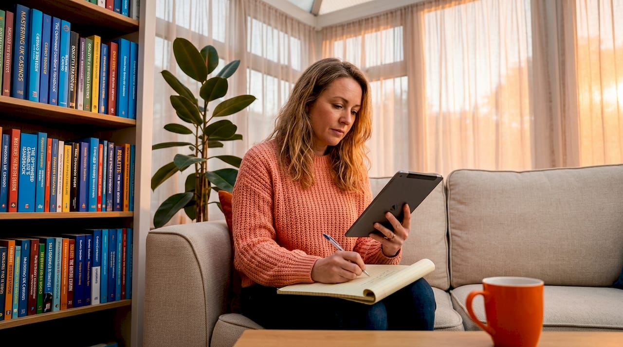 Woman reading casino reviews on tablet