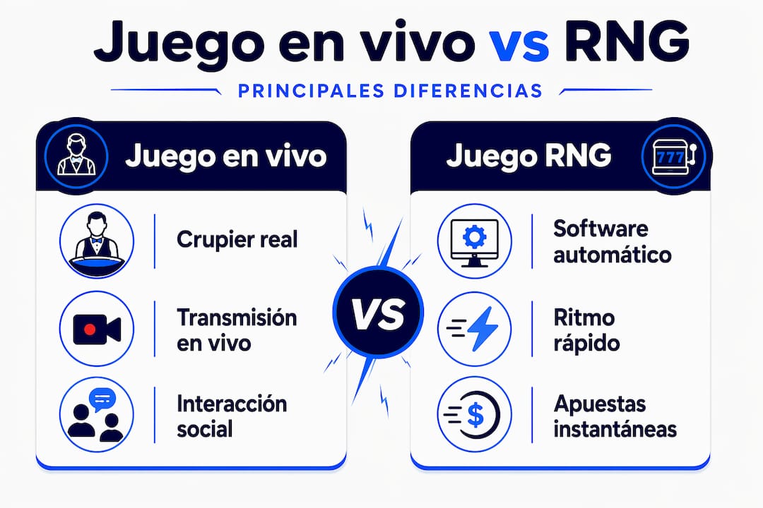 Infografía sobre las diferencias entre juegos en vivo y juegos RNG en casinos online