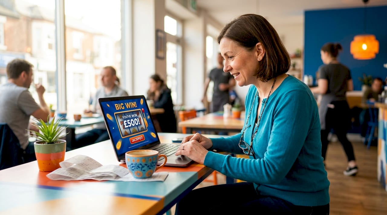 Woman reviewing casino winnings on computer