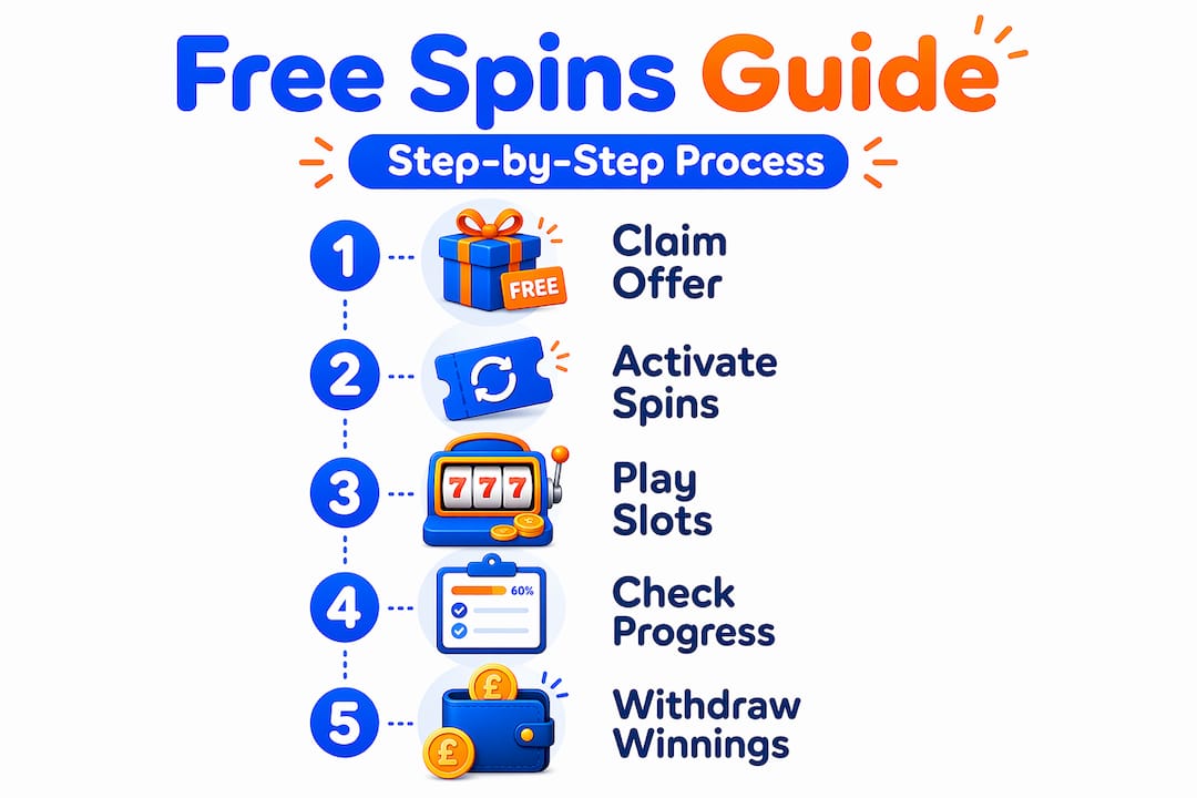 Infographic summarizing free spins steps