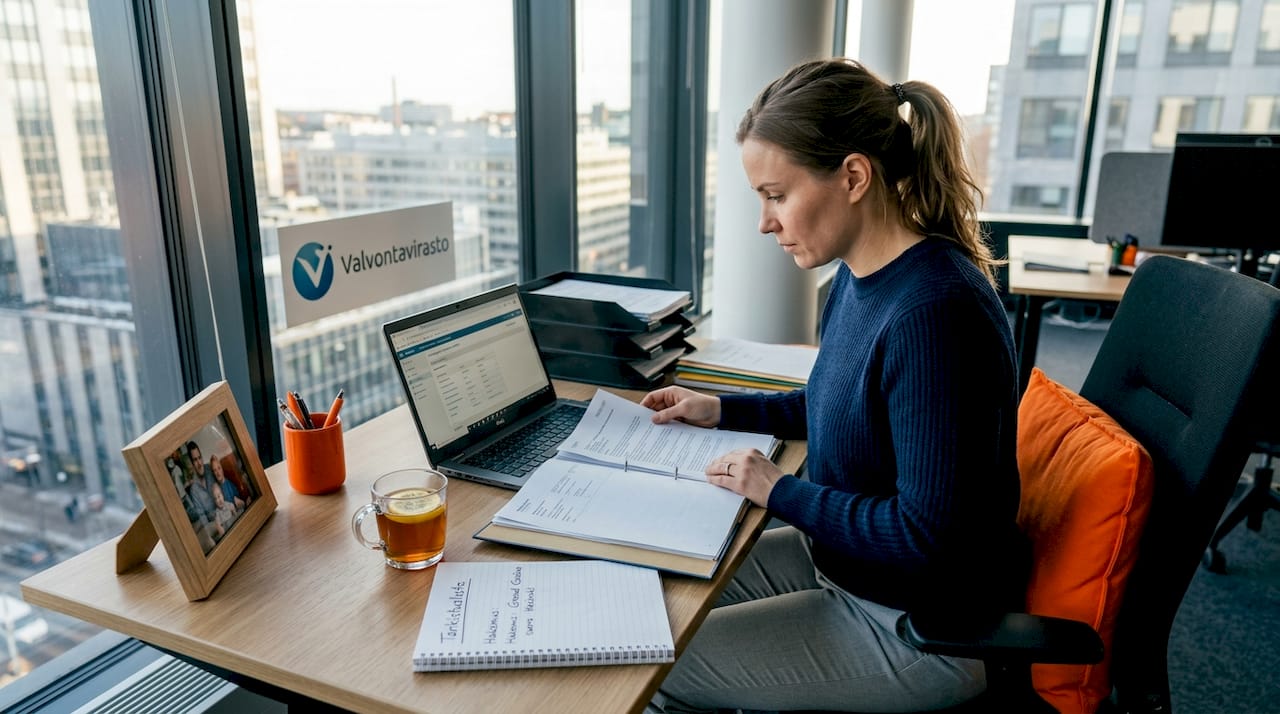 Vastuullisuusasiantuntija tarkistaa ja valvoo lupadokumentteja varmistaakseen, että kaikki vaatimukset täyttyvät.