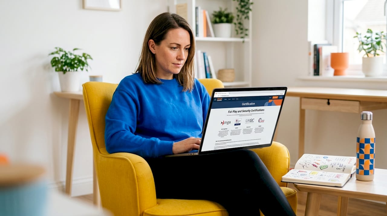 Woman researching casino certification on laptop