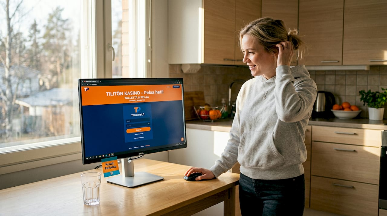 Nainen kirjautuu kotonaan nettikasinolle