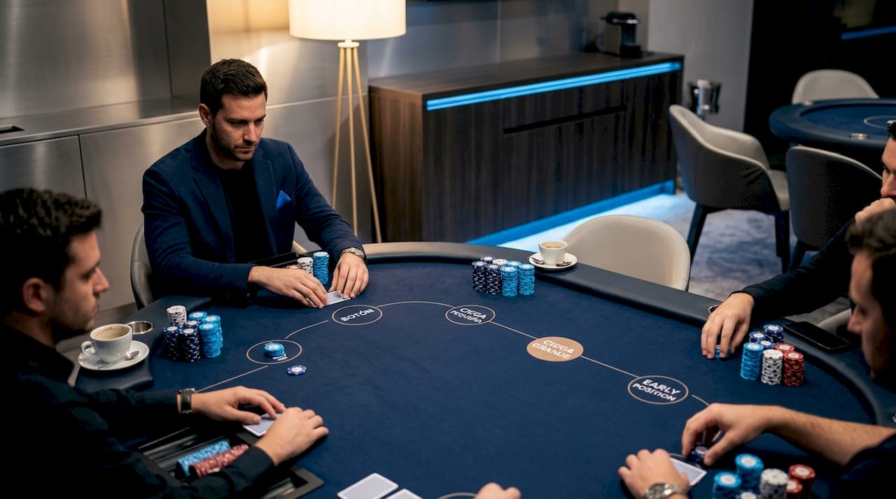 Vista aérea de una mesa de póker con la disposición de los jugadores