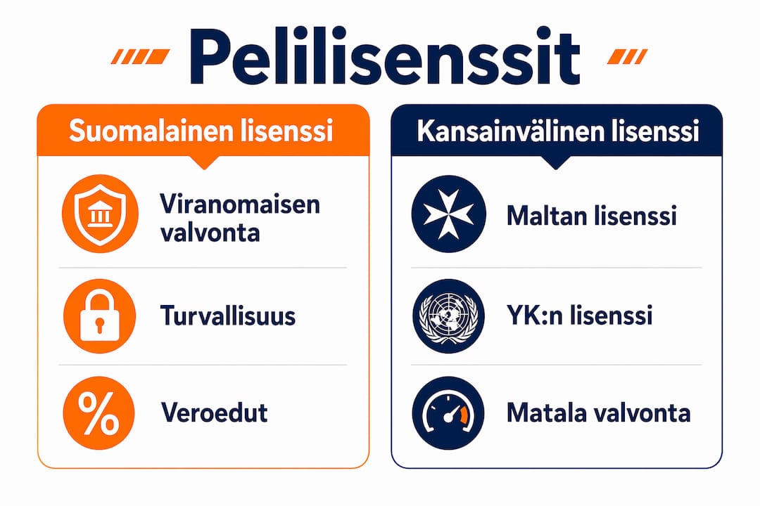 Infografiikka: suomalaiset pelilisenssit vs. kansainväliset vaihtoehdot