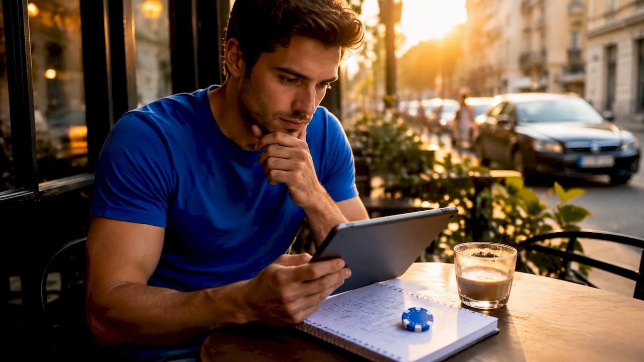 Unas manos sujetan una ficha al lado de una tablet que está apagada.
