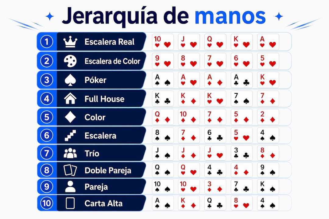 Infografía con la clasificación de las manos de póker, de la más alta a la más baja