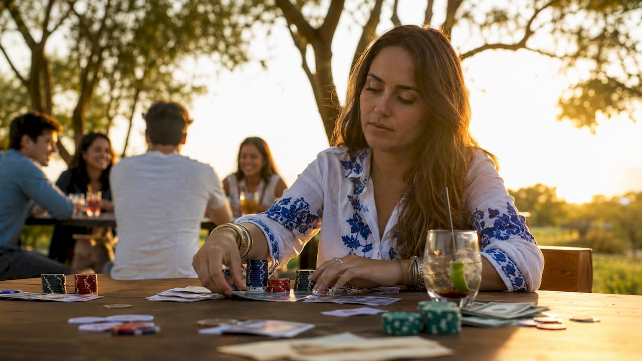 Manos gestionando el dinero y las fichas para apostar