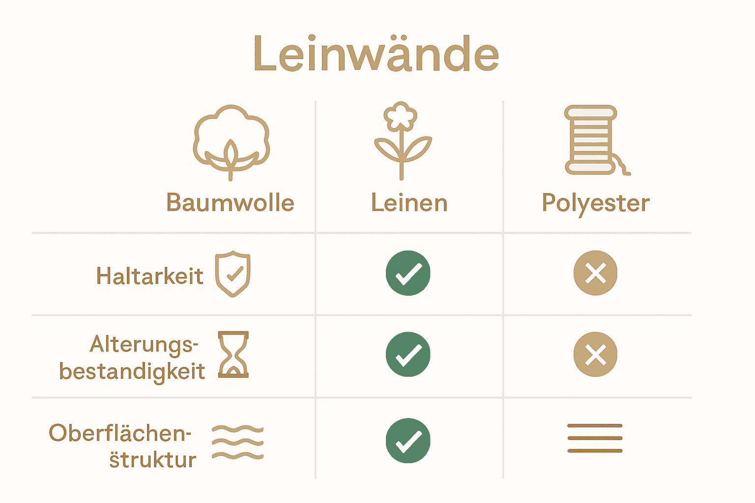 Infografik: Vergleich Baumwolle, Leinen, Polyester für Leinwand