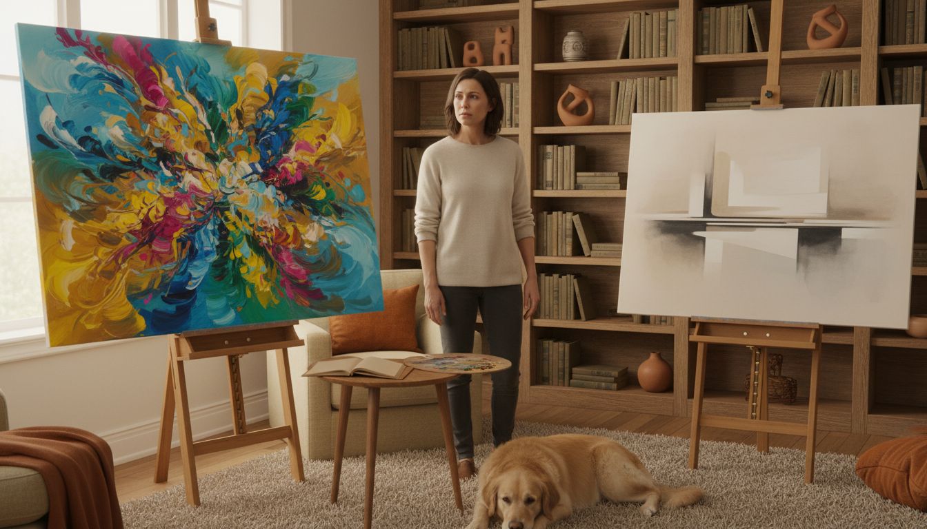 Frau vergleicht und wählt Kunstwerke aus