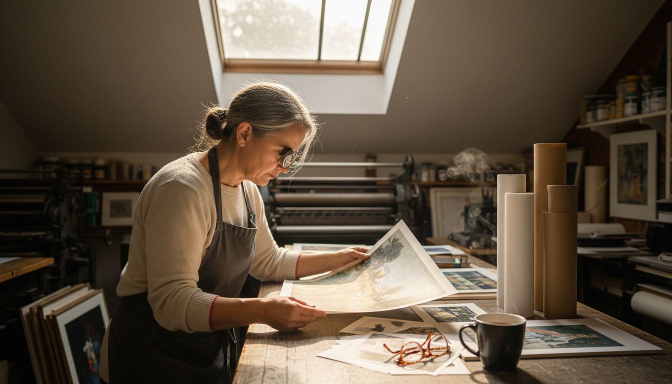 Print expert inspecting Kunstdruck quality