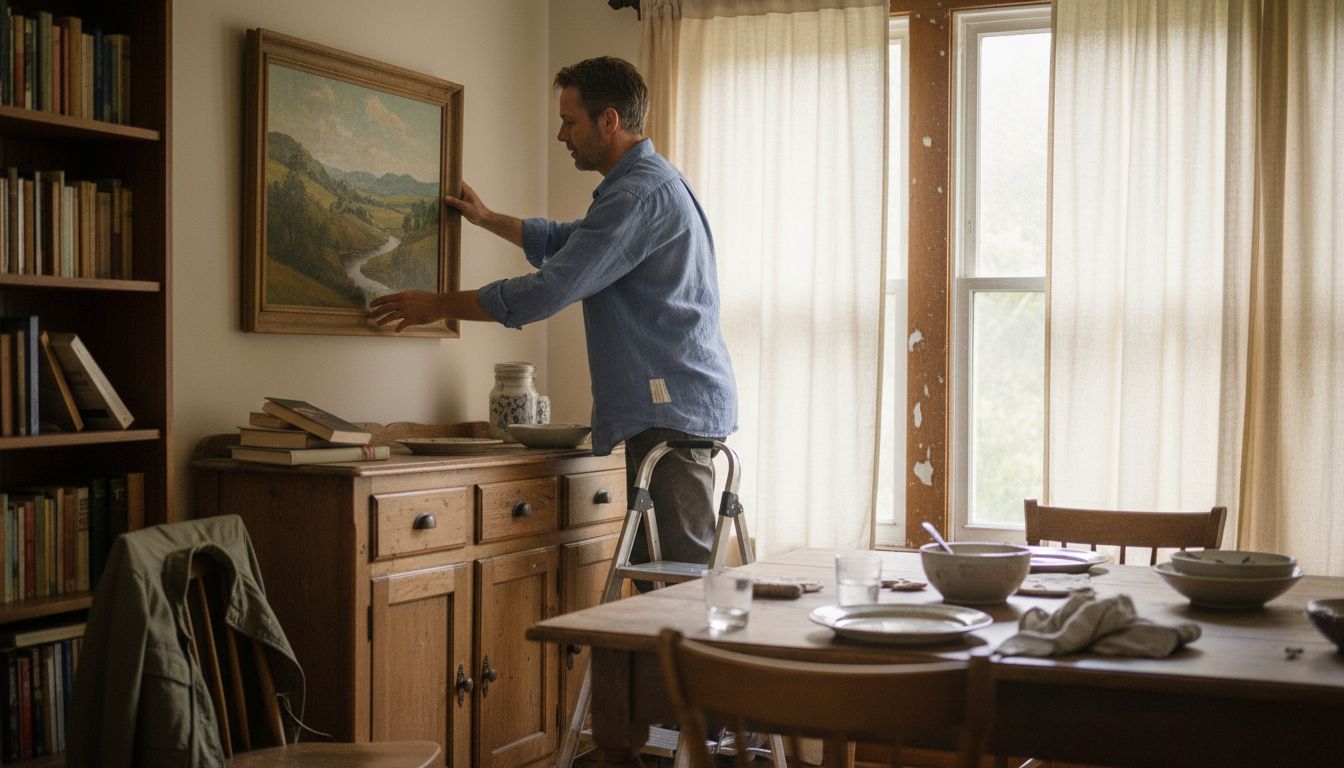 Man adjusting painting in dining room