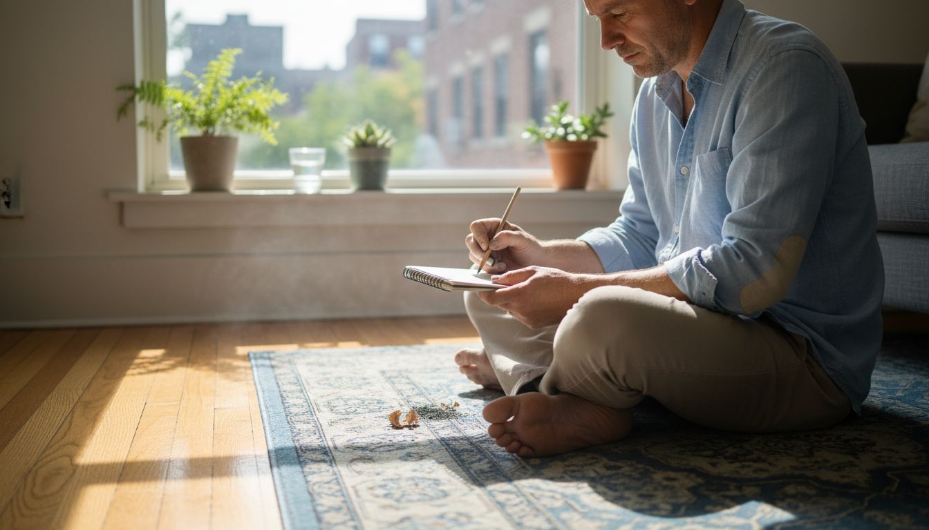Man meditatively drawing in sunlit living room