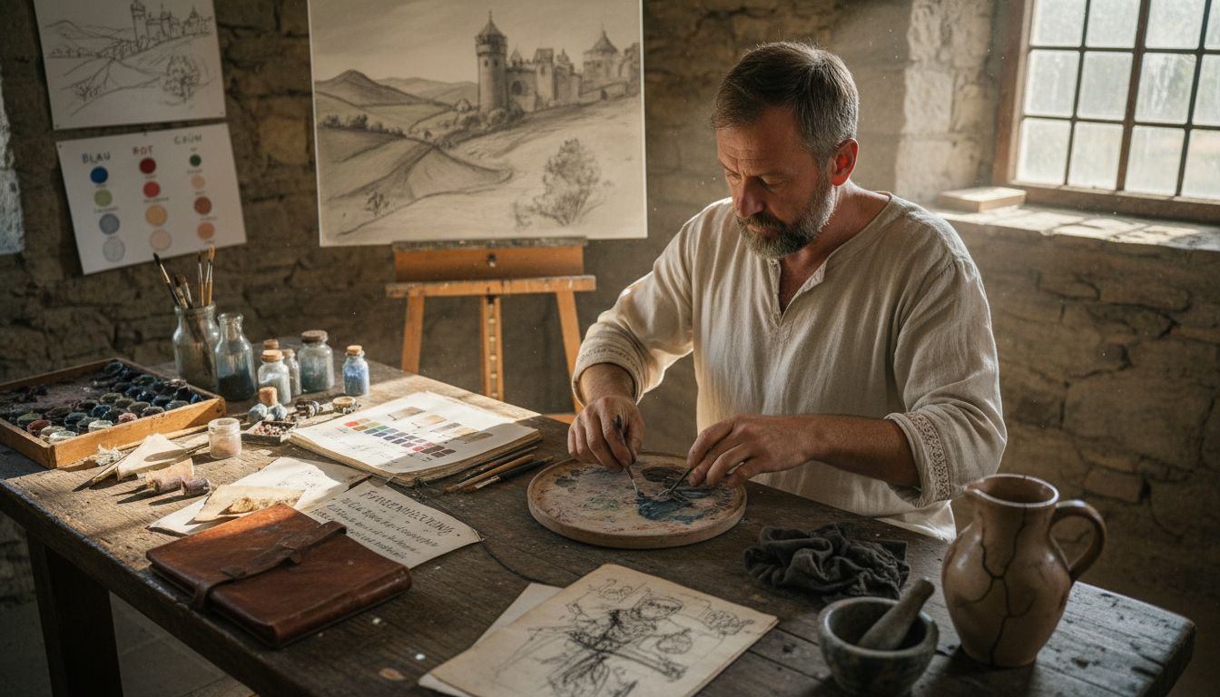 A Renaissance painter intently mixes his colors at a wooden worktable.