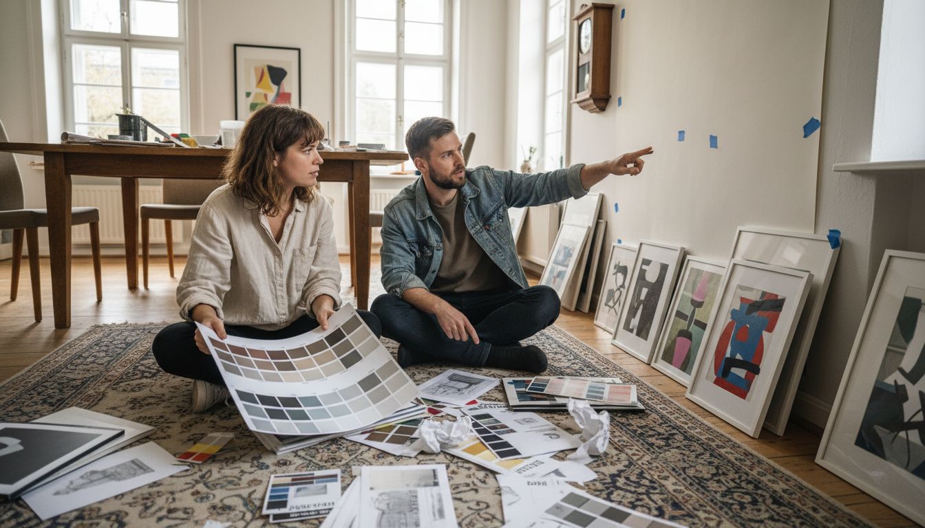 Friends are working together on a room concept, comparing different works of art and color patterns.