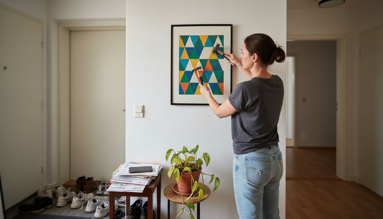 A woman is hanging a geometric picture in the hallway.