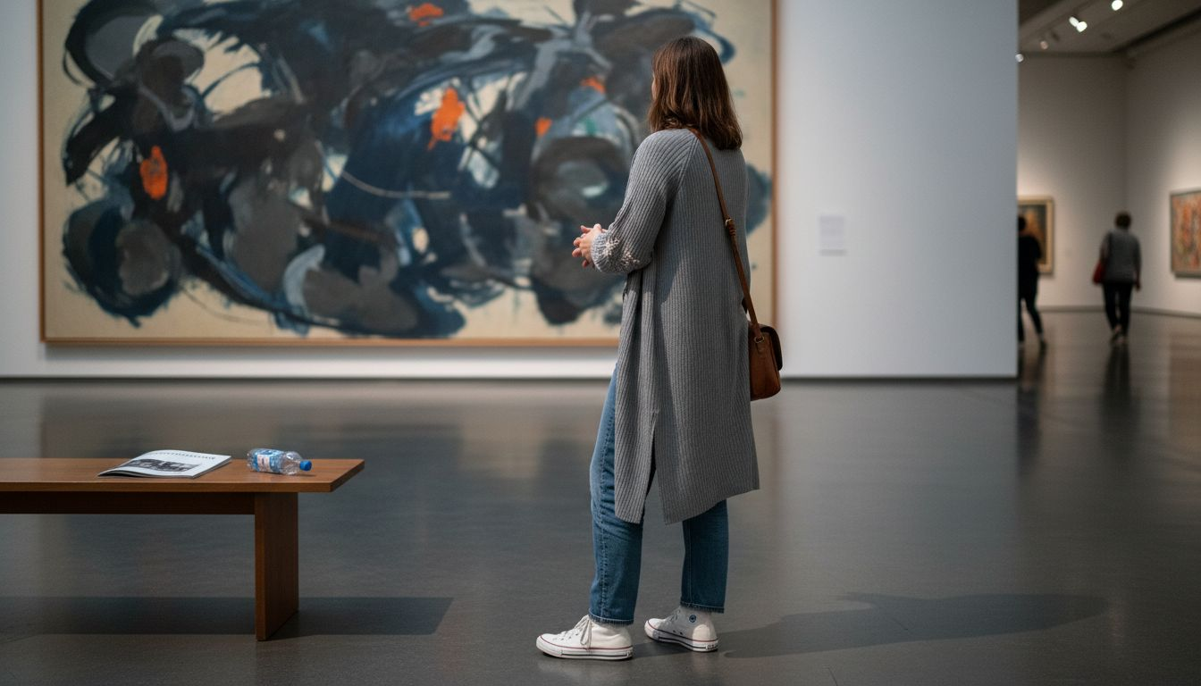 A woman attentively examines an abstract painting in a gallery.