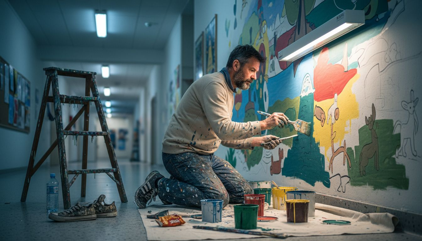Ein Künstler gestaltet ein Wandbild im Flur.
