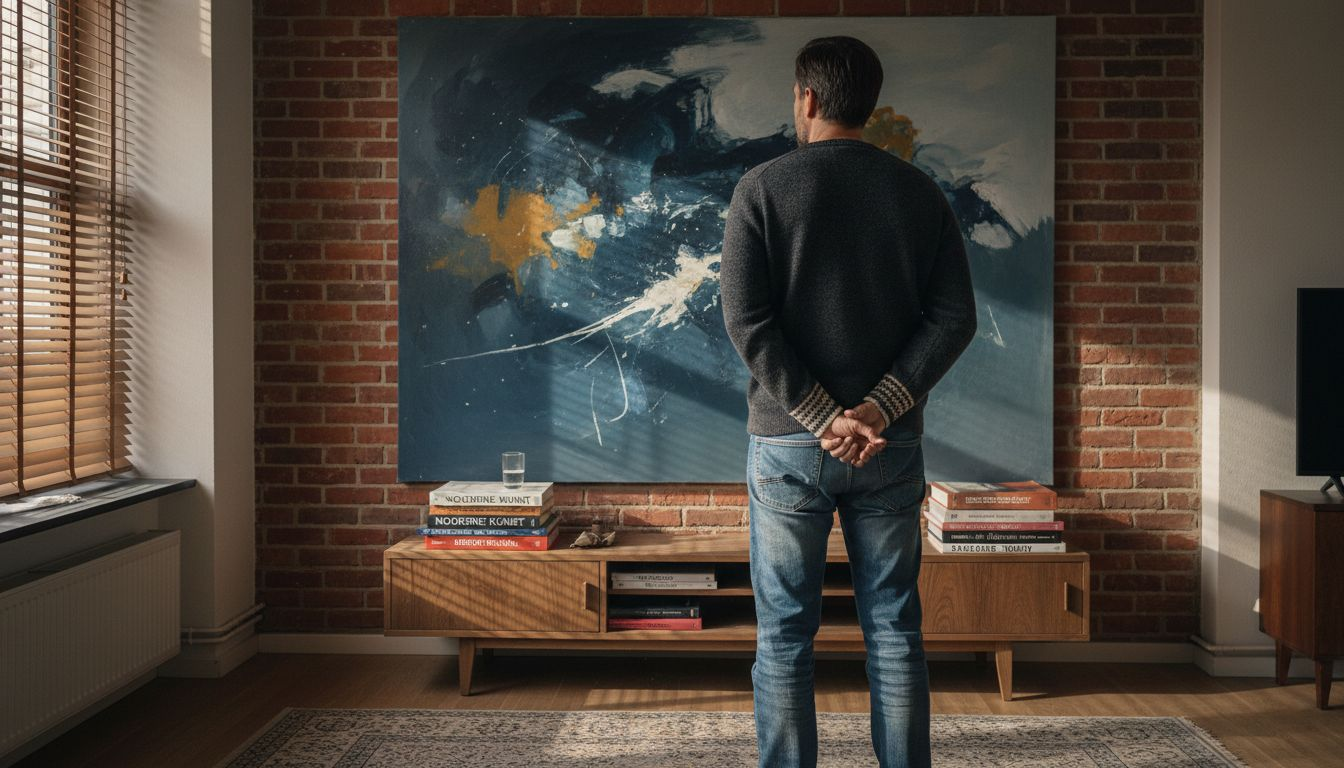 Eine Person betrachtet nachdenklich ein abstraktes Kunstwerk an der Wand und lässt die eigenen Gedanken dabei schweifen.