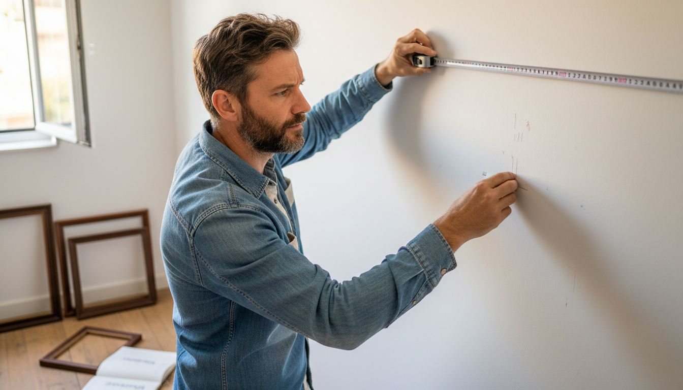 Ein Mann vermisst die Wand, um den passenden Rahmen auszuwählen.