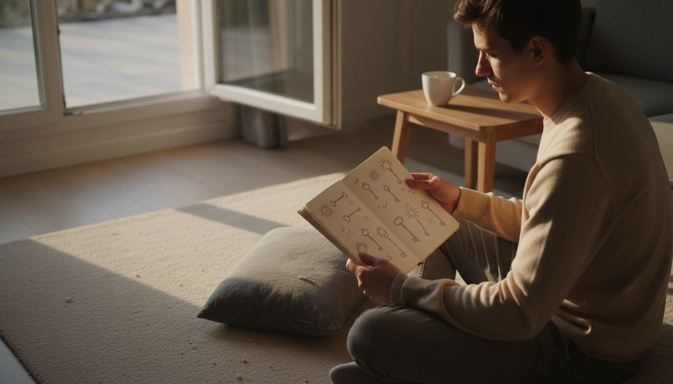 Ein Mann blättert durch sein Skizzenbuch und betrachtet die darin gezeichneten Symbole.