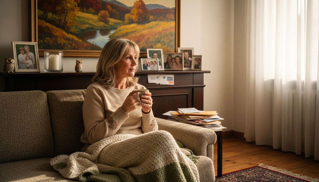 Eine ältere Dame genießt entspannt die Betrachtung von Kunstwerken.