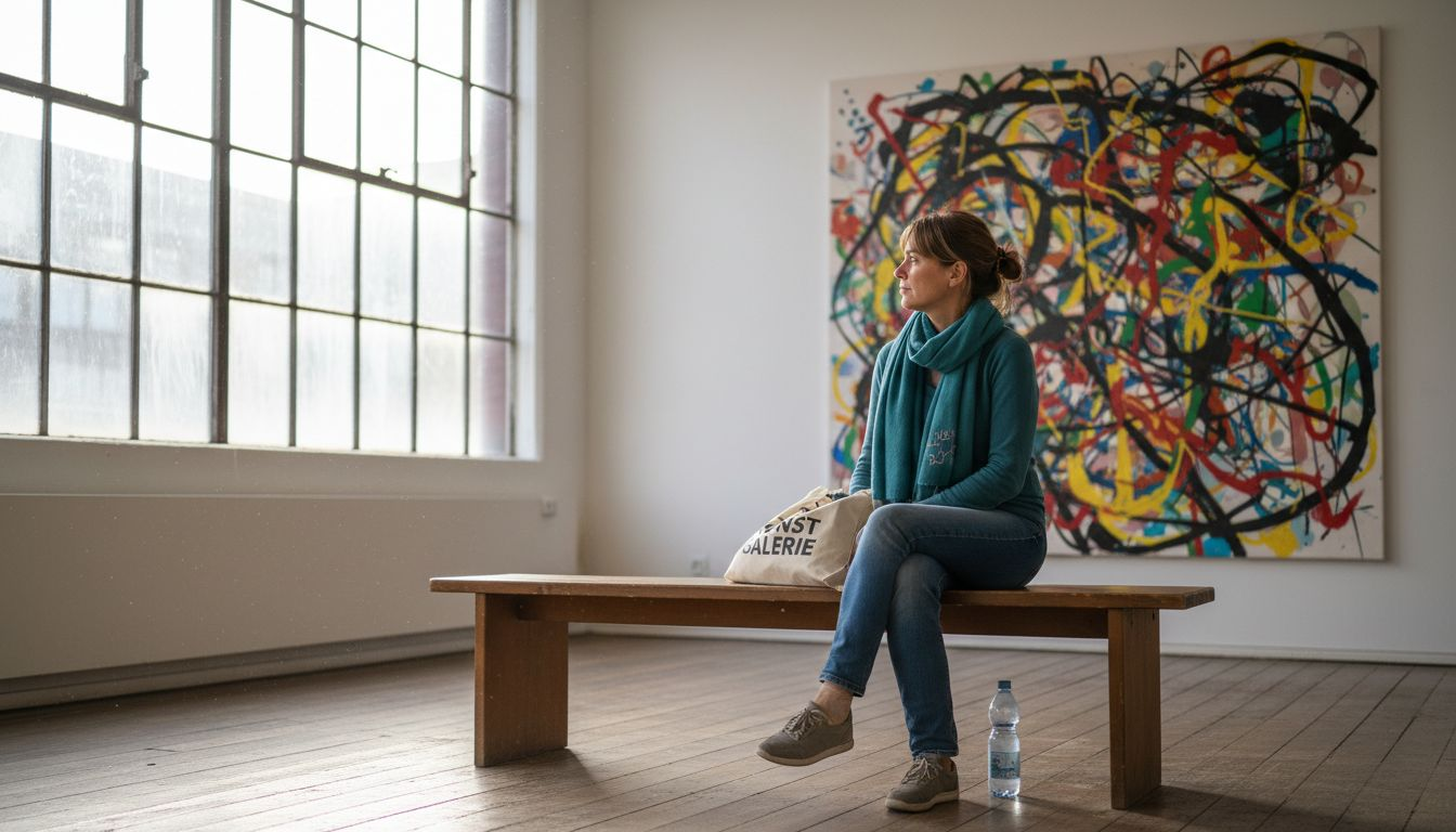 Eine Frau betrachtet nachdenklich ein Gemälde in einer Galerie.