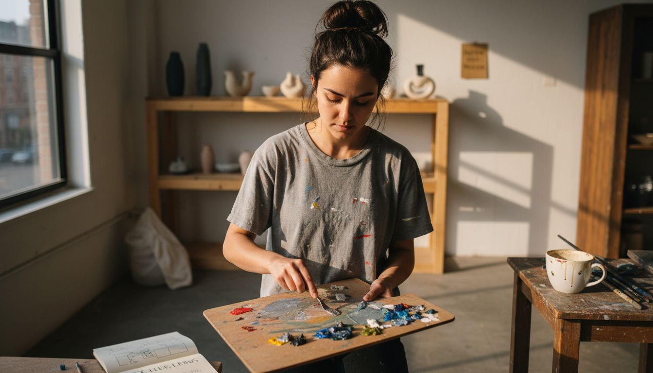 Eine Künstlerin mischt im Atelier verschiedene Farbtöne zusammen.