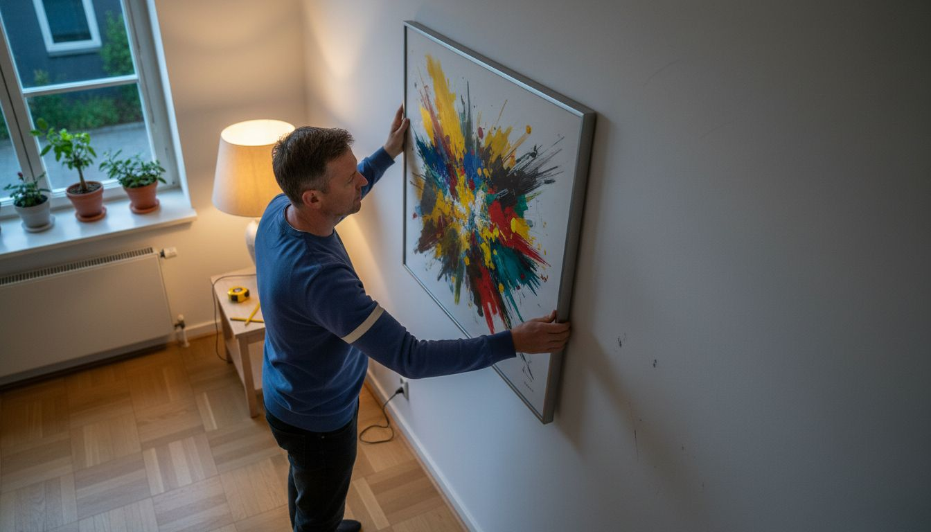 In einer ruhigen Wohngegend bringt ein Mann ein Bild an die Wand.