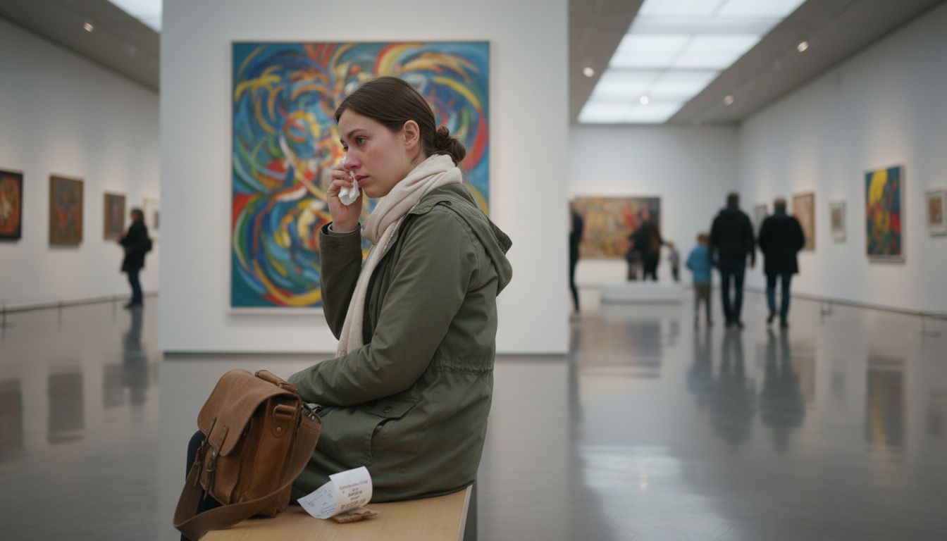 Eine junge Frau lässt sich von einem Kunstwerk tief berühren und zeigt offen ihre Gefühle.