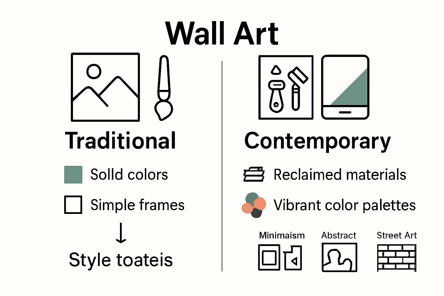 Infographic comparing traditional and contemporary wall art, highlighting materials and styles.