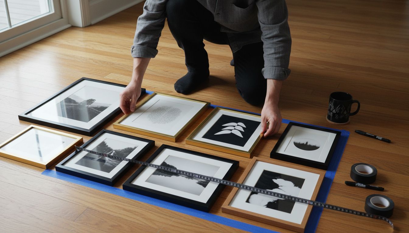 arranging art prints floor