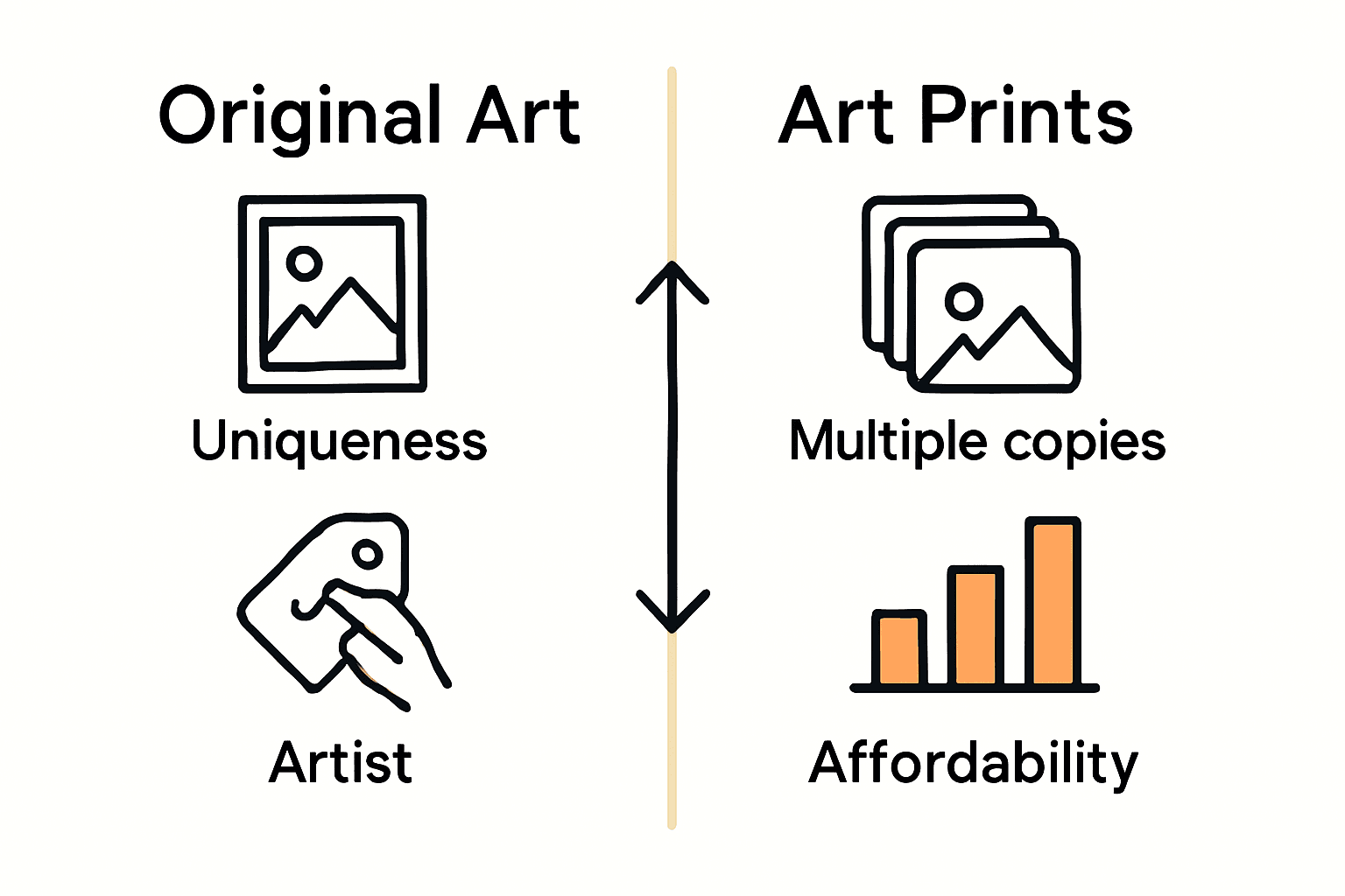 Infographic comparing original art and art prints by uniqueness, value, and cost