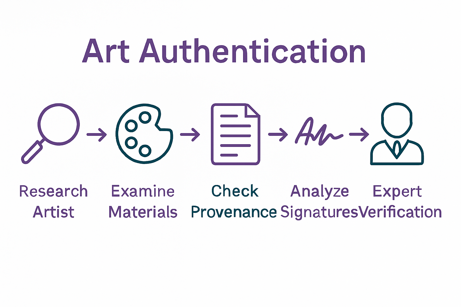 Five-step infographic visualizing art authentication process from research to expert verification.