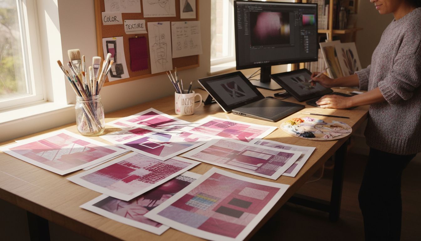 Workspace with personalized art print elements
