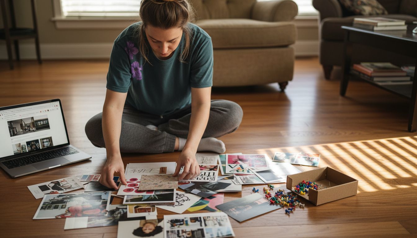 Woman arranging art inspiration mood board
