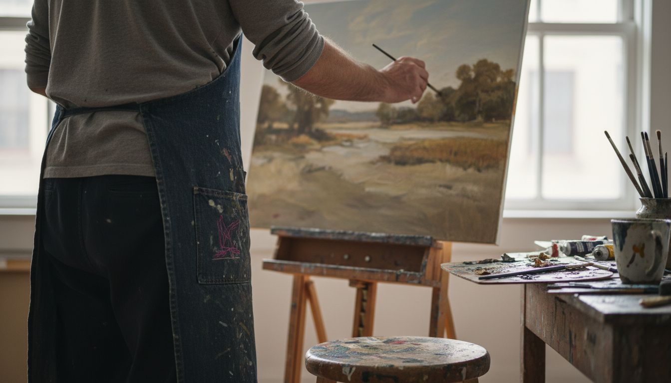 Artist painting in cluttered daylight studio