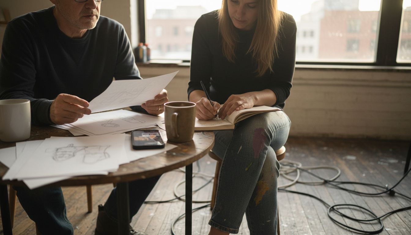 Client reviewing custom art sketches with artist